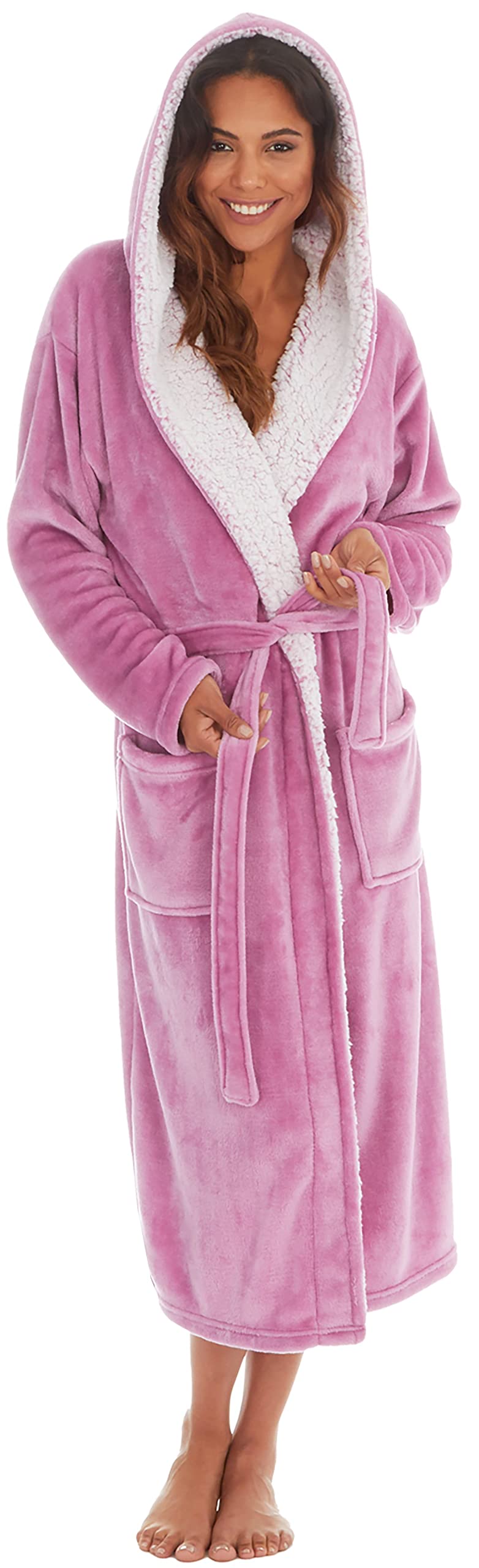 Kate Morgan Women's Pink - Shimmer Dressing Gown Fluffy Super Soft Hooded Bathrobe For Plush Fleece Perfect Loungewear Long Robe | Gifts For Xl Pink