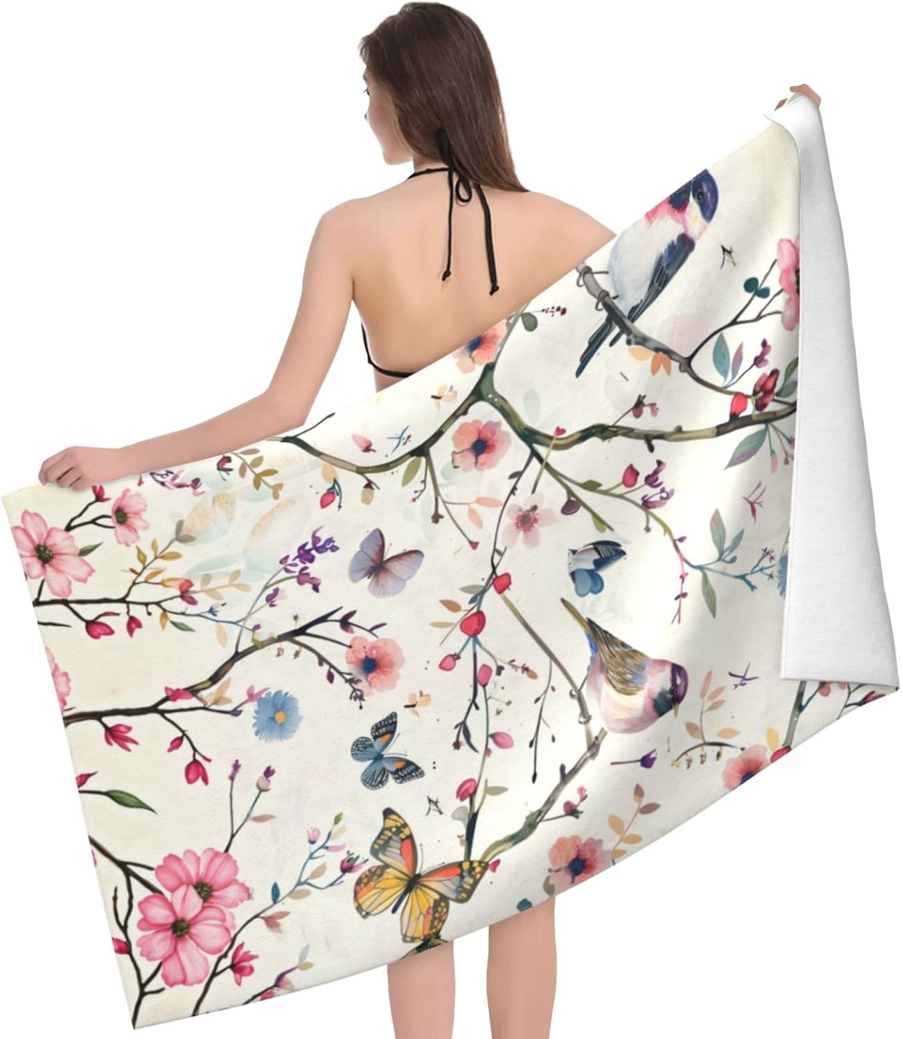 Birds and Blossoms Beach Towel 31inx51in, Colorful Spring Sand-Free Microfiber Bath Towel Ultra Soft Quick Dry Pool Towel Absorbent Towel Lightweight Towel for Swimming Bathroom Decor