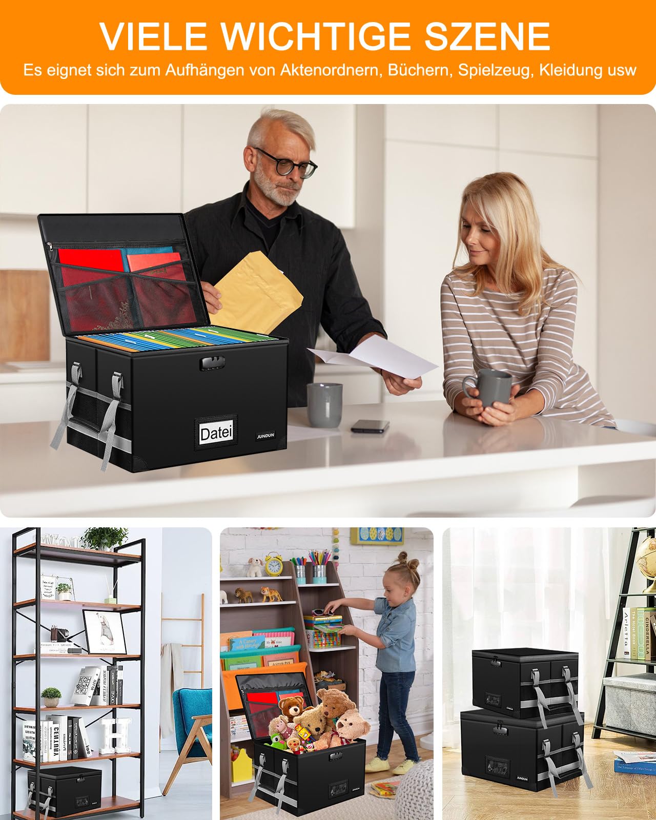 JUNDUN Akten Organizer Box mit Schloss, Zusammenklappbare Feuerfeste Dokumentenbox mit Wasserabweisendem Reißverschluss und Deckel, Tragbare Dekorative Hängeregistraturbox für Zuhause/Büro