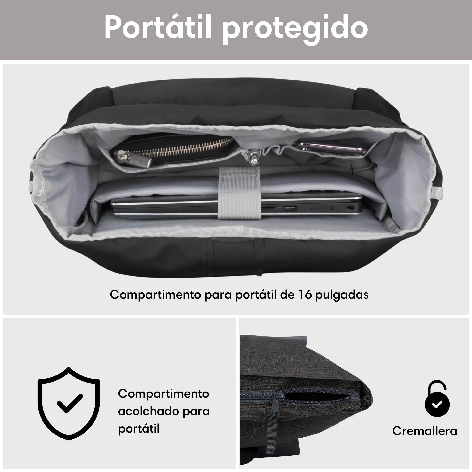 LARKSON Mochila Enrollable Hombre & Mujer Negro - No 2 - Macuto para Viaje, Uni, Trabajo - de Botellas Pet Recicladas - Bolso para Portátil 16 Pulgadas - Impermeable