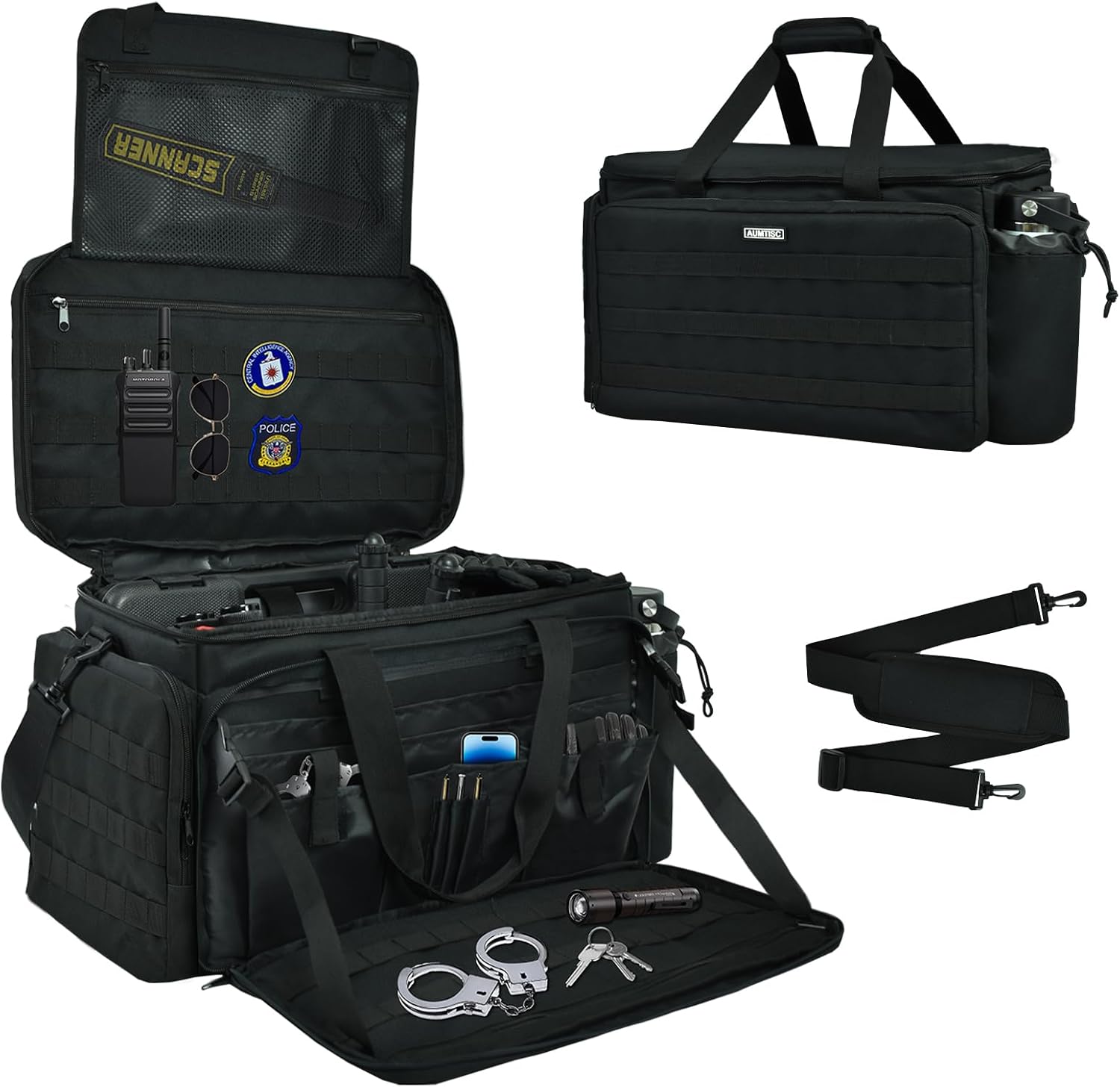 AUMTISC Patrol Bag Law Enforcement, Police Duty Gear Bag, Police Car Organizer for Front Seat, with Laptop Storage, MOLLE System and Cup Holders, Fits Truck Vehicle Passenger Seat Organizer