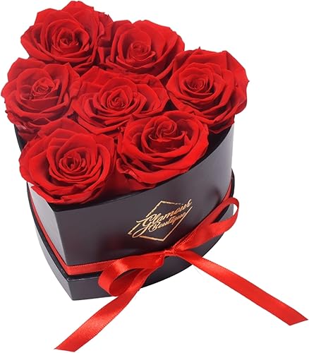 GLAMOUR BOUTIQUE 7 Flower Forever Heart Shape Box, Eternal Preserved Roses Gift for Her, Lasting Flowers, Petite Floral Heart Box for Birthday, Anniversary or Valentine’s Day, Red (Color-Treated) GLAMOUR BOUTIQUE 7 Flower Forever Heart Shape Box, Eternal Preserved Roses Gift for Her, Lasting Flowers, Petite Floral Heart Box for Birthday, Anniversary or Valentine’s Day, Red (Color-Treated)