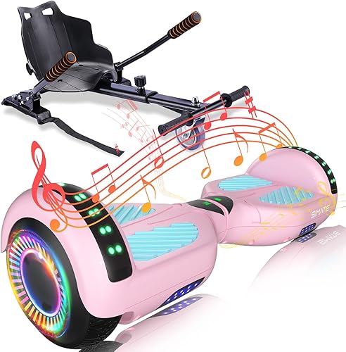 SIMATE Aeropatineta con combinación de accesorios de asiento, 6.5 pulgadas, autoequilibrante, con altavoces Bluetooth y luces LED para niños