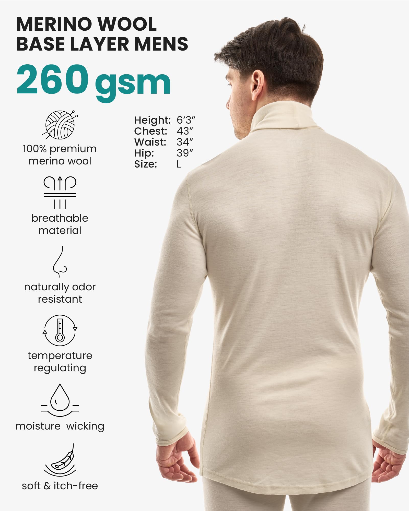 Merino.tech Jersey Cuello Alto Hombre 100% Lana Merino + Calcetines | Diseño cuello alto manga larga para hombre, protege del viento, retiene el calor, ajuste cómodo