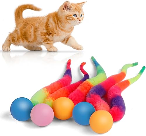 Miniatura 10 de Bola hinchable con cola para gato, 6 paquetes de gusano mágico arcoíris con bola para gatos, bolas coloridas y esponjosas (arco iris grande) Gusano