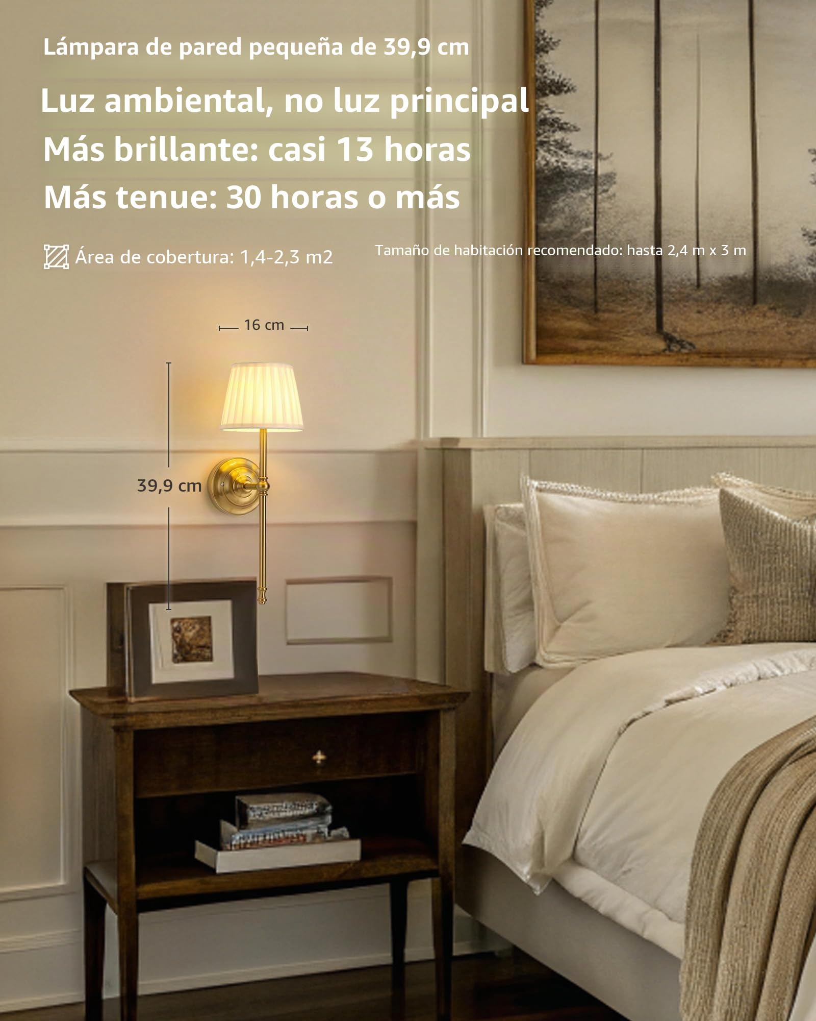 Apliques de pared recargables, 2,LED de tela con batería, iluminación regulable con 5200 mAh y mando a distancia inalámbrico para salón, dormitorio, pasillo (dorado)
