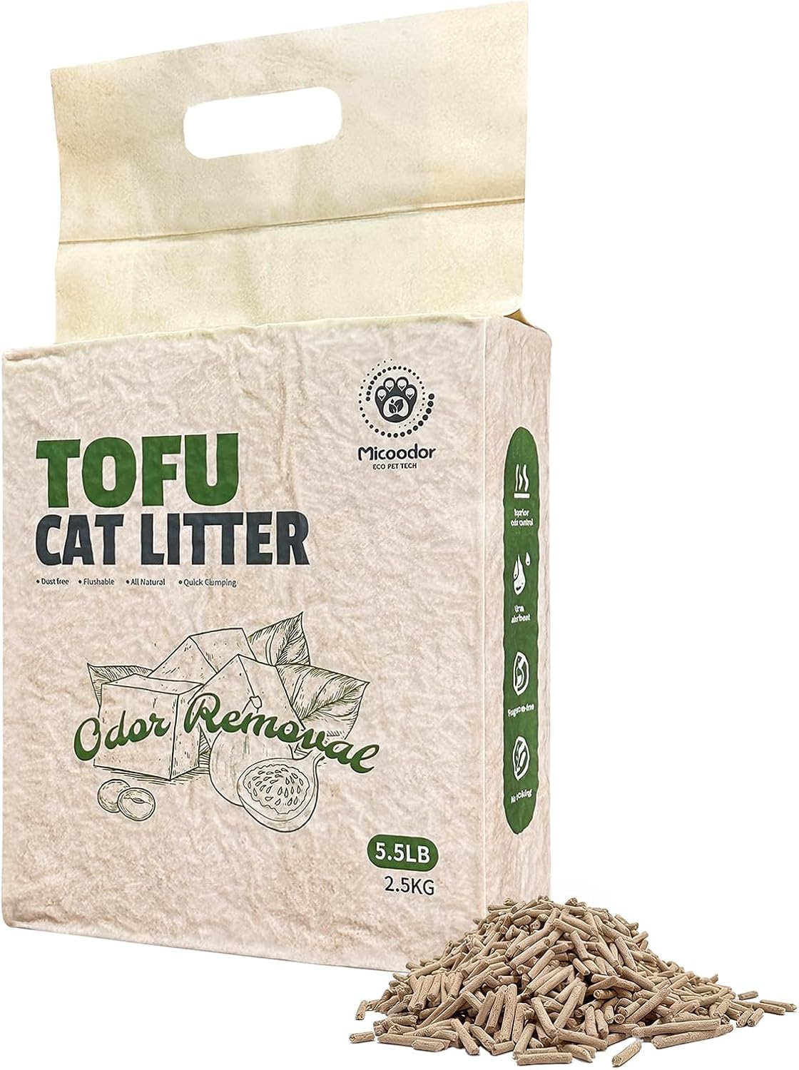 Tofu cat Litter- clumping, Ultimate Deodorization, Flushable, dust Free, Ultra Absorbent and Fast Drying, 100% Natural Ingredients Fig Extract, Superior Odor Control (5.5lb×2bags)