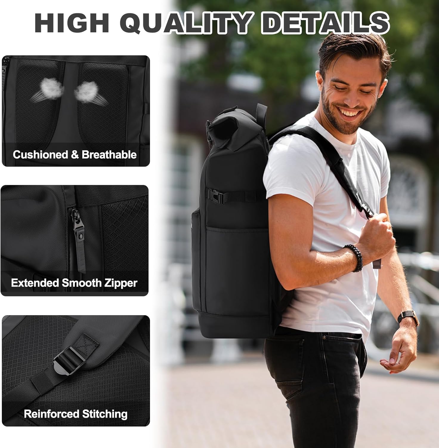 VASCHY Rolltop Travel Backpack for Men, Water Resistant Expandable Large Carry-on Casual Daypack for Work Business Hiking College Black - Image 4