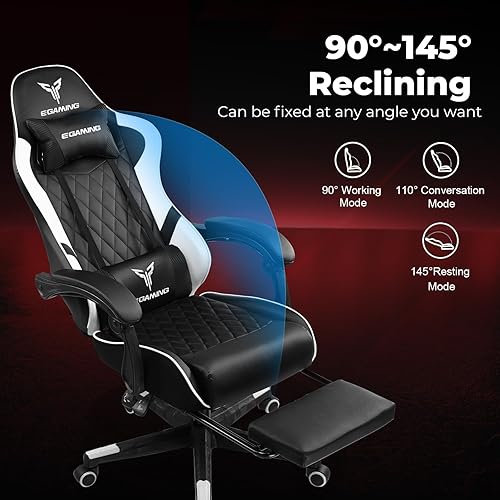 Miniatura 3 de EXRACING Silla ergonómica para videojuegos, silla de computadora con reposapiés y soporte lumbar, silla de oficina de cuero con respaldo alto