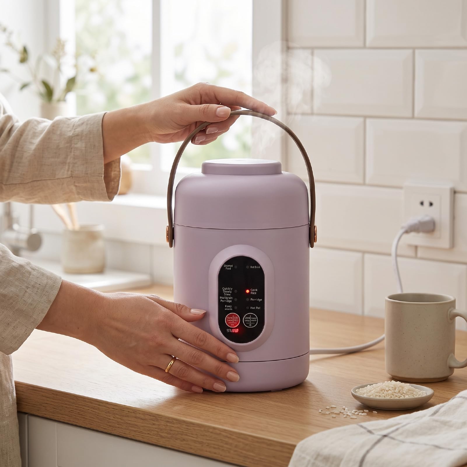 Qcwwy Mini Inteligentny Ryżowar, 800ml Przenośny Elektroniczny Garnek, | Ceramic Nonstick Inner Liner, Cicha Praca, 1 do 2 Porcji, 500W, Gotowanie na Parze, Gulasz, Owsianka