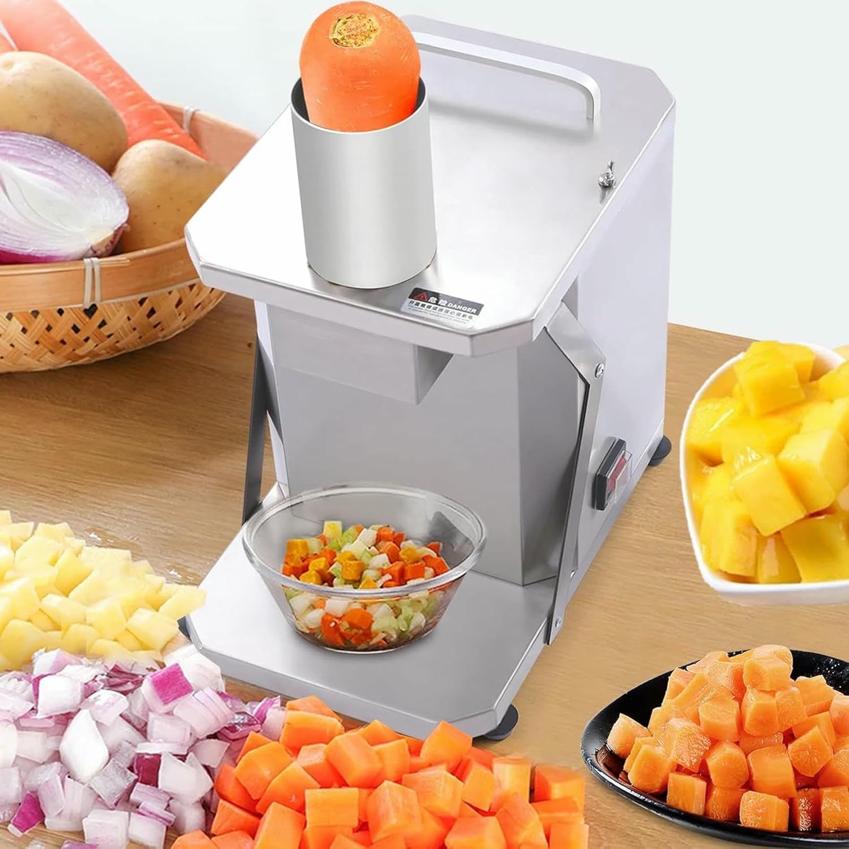 Cutter Di Verdure Elettriche Commerciali, Da 250 W Di Un Dita Dei Verdure, Frantumazione Automatica In Acciaio Inossidabile Con Griglia Per Tagliare Cubetti E Tagli Da Tagliare, Per Cipolle, Patate