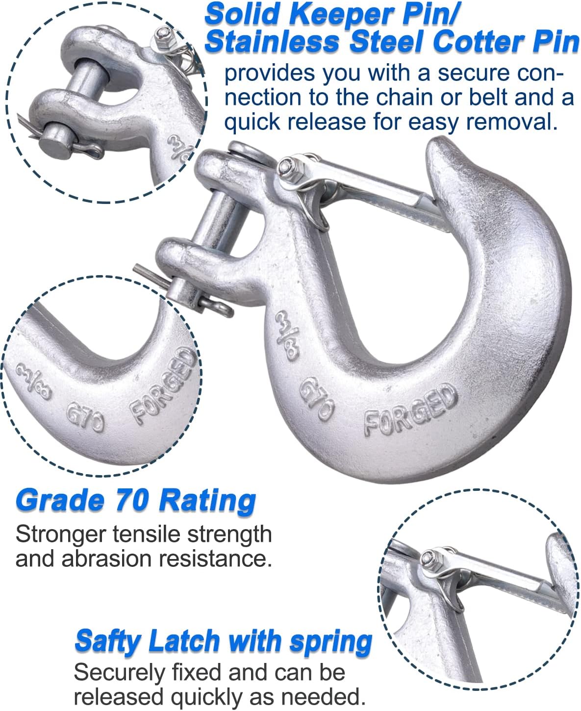 3/8 Inch Safety Chain Hooks, Clevis Slip Hook with Safety Latch, Grade 70 Forged Steel 18,000 Lb for Trailer Truck Transport Tow Winch Hook Trailer(3/8 Inch, 2 Pack) - Image 2