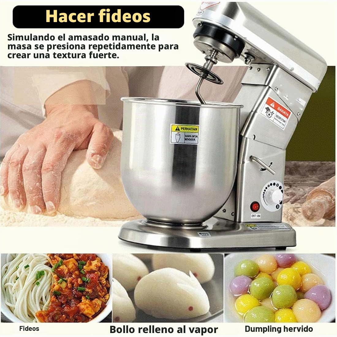 Amasadora profesional de 5 kg, batidora de pie eléctrica comercial, 1500 W, de acero inoxidable, para amasar harina, verduras y verduras con tazón inclinable a 90°.
