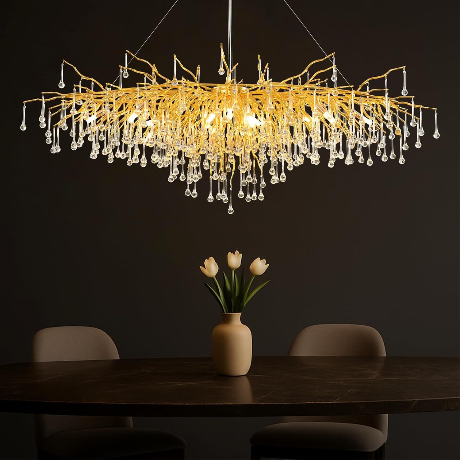 KXEcoLife Modern Crystal Chandelier Large Rectangle Light Fixture for High Ceiling, Luxury Raindrop Tree Branch Chandeliers Living Room, Dining Entryway, Foyer,L140cm