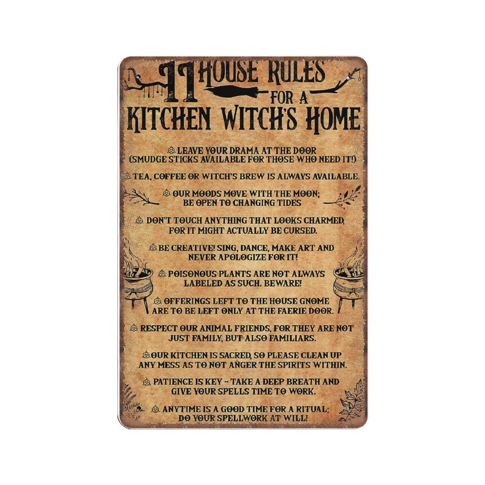 Daiercy Material_tin 9 11 House Rules For A Kitchen Witch's Home Tin Signs, Witch Kitchen Decor, Funny Vintage Metal Sign Plaqu Poster Wall Art Pub Bar Kitchen Garden Bathroom Home Decor, 140X200 Mm