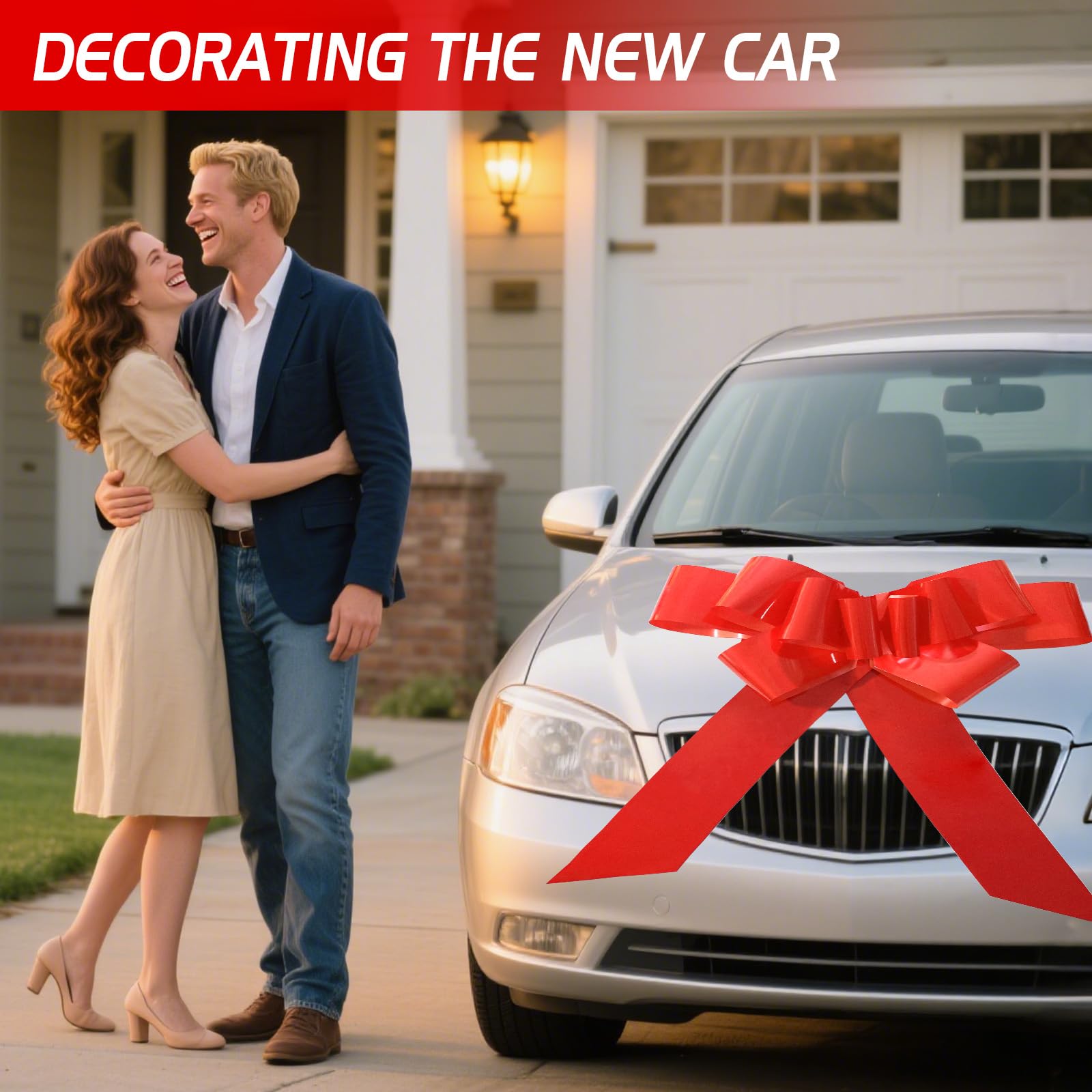 Lazo Grande para Regalo Coche 23 Inch Lazo Gigante Rojo para Decoracion Coche de Boda, Cumpleaños y Envoltorio de Regalo, Navidad y Fiesta, Nuevo Hogar + 2 Lazos de Cinta Dorado Pequeños y 2 Ventosas