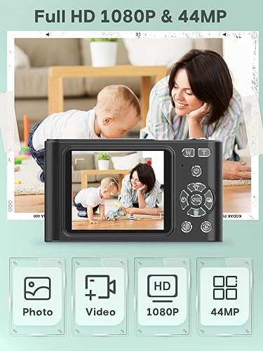 Miniatura 2 de Cámara Digital para Niños 1080P Cámara Vlog con 64GB, Cordón, Zoom 16X Antivibraciones, Lector de Tarjetas 44MP Compacta Portátil Apuntar y Disparar