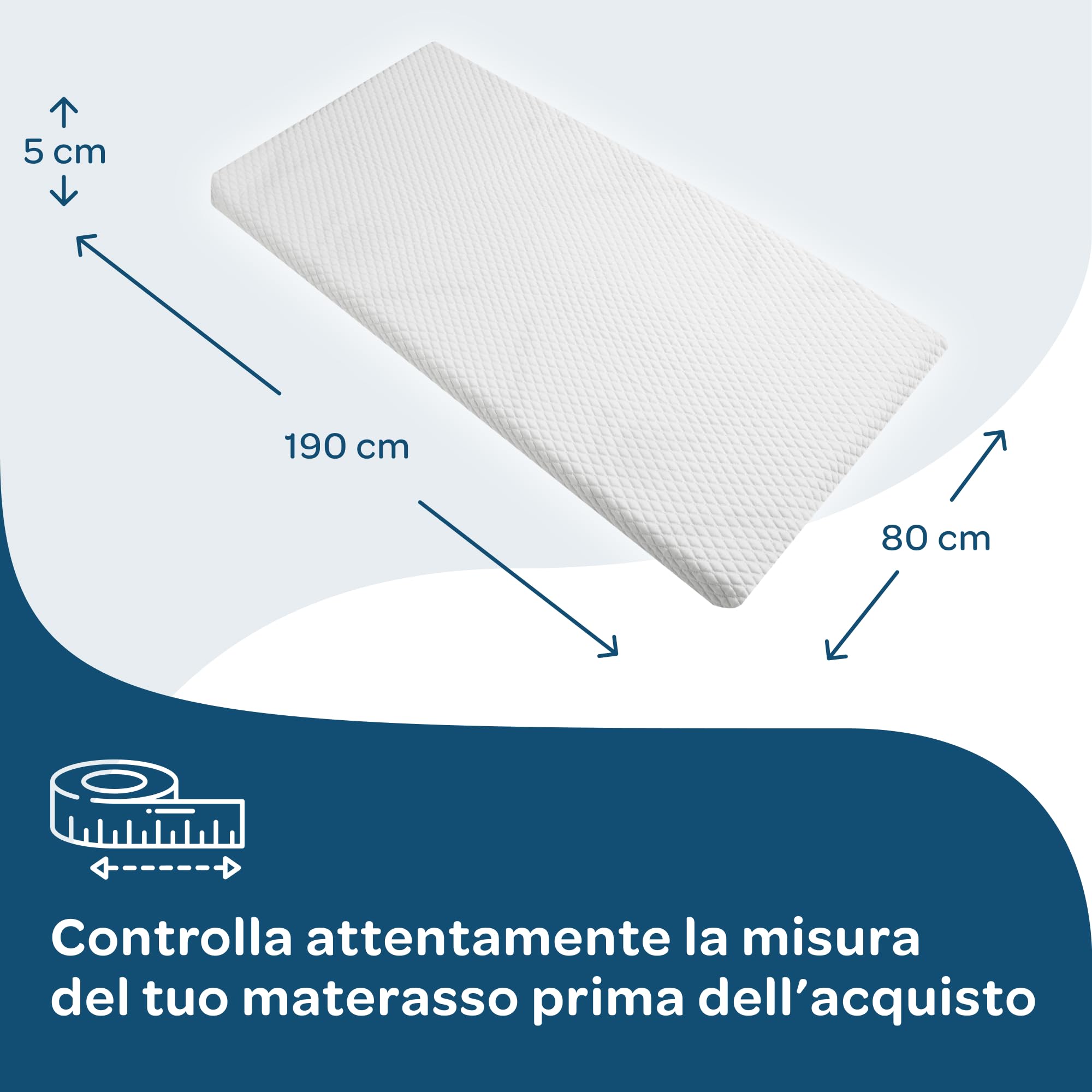 DOLCI SOGNI Topper 100% Memory Foam 80x190 cm - Effetto Rinfrescante – 100% Made in Italy, Certificato OEKO-TEX® & CertiPUR™, Spessore 5 cm, Fodera con trattamento Cooler Rinfrescante