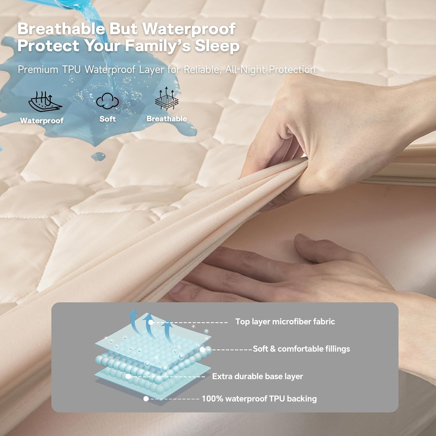 Waterproof Mattress Protector King Size, 18" Deep Pocket Mattress Cover - Lab Tested Leakproof, Oeko-TEX Certified, Breathable & Noiseless, Machine Washable,King Fitted Sheet Only (Khaki)