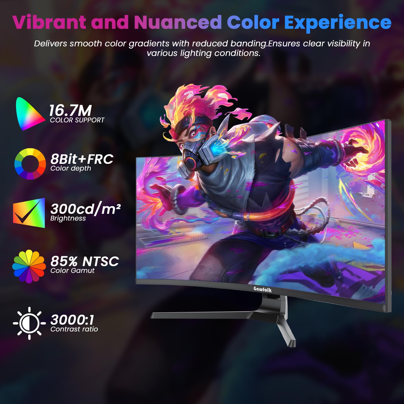 Gawfolk Monitor Curvo 32 Pollici 4K UHD (3840 x 2160), Pannello VA, 1500R, 60Hz Monitor PC con altoparlanti integrati, compatibile FreeSync e G‑Sync, 2× HDMI 2.0, 2× DP 1.4, VESA 100×100