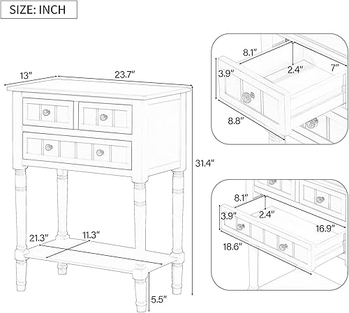 Miniatura 2 de Knocbel Mesa consola de entrada antigua delgada con 3 cajones y estante inferior abierto, mesa de sofá estrecha de madera maciza para entrada,