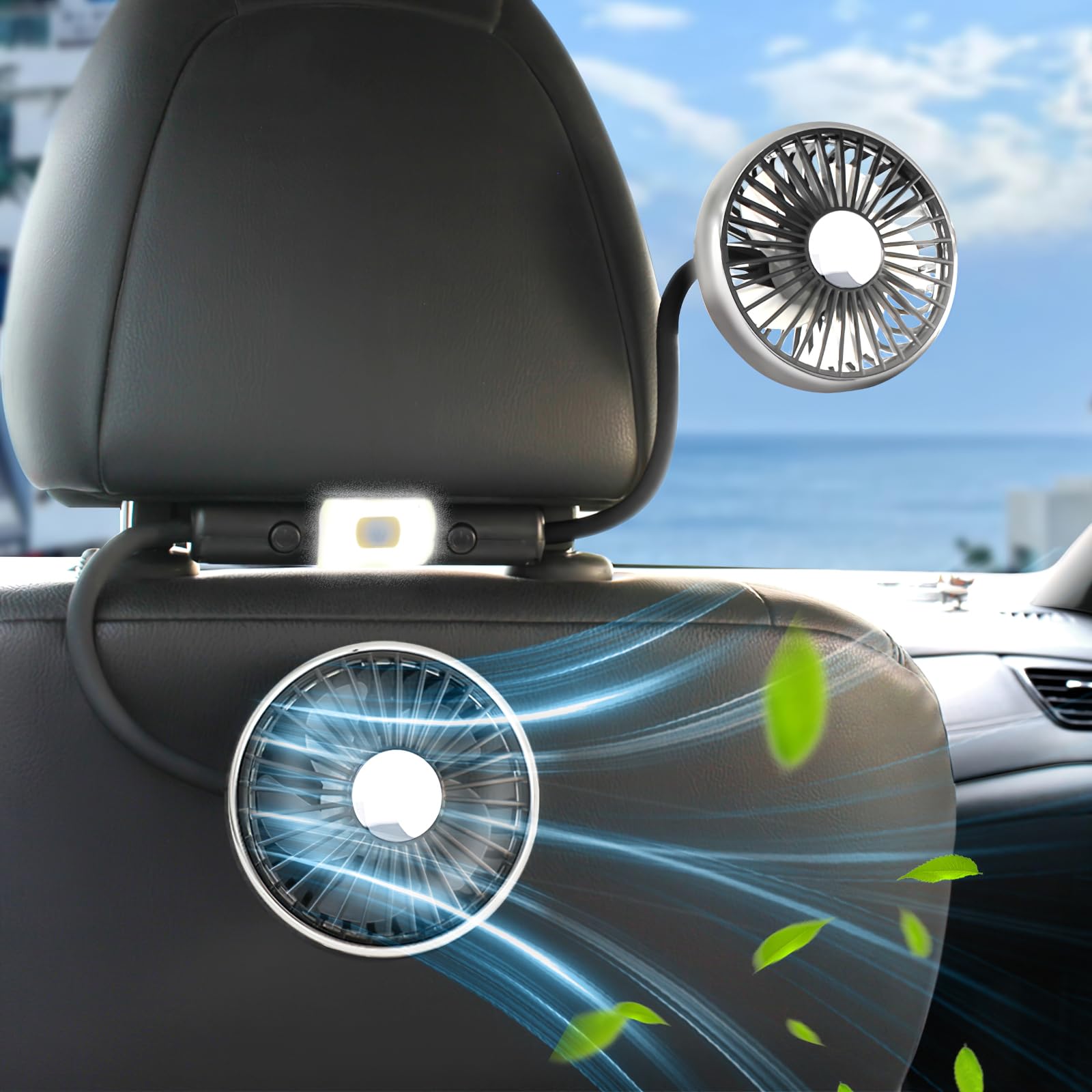 360° Schlauch-Kühlventilator für Auto Rücksitz, Kinder & Baby nach hinten gerichtet – Tragbarer USB-Ventilator für Auto, SUV, Wohnmobil & Pickup (Kopfstütze) – 3 Geschwindigkeiten & LED-Licht
