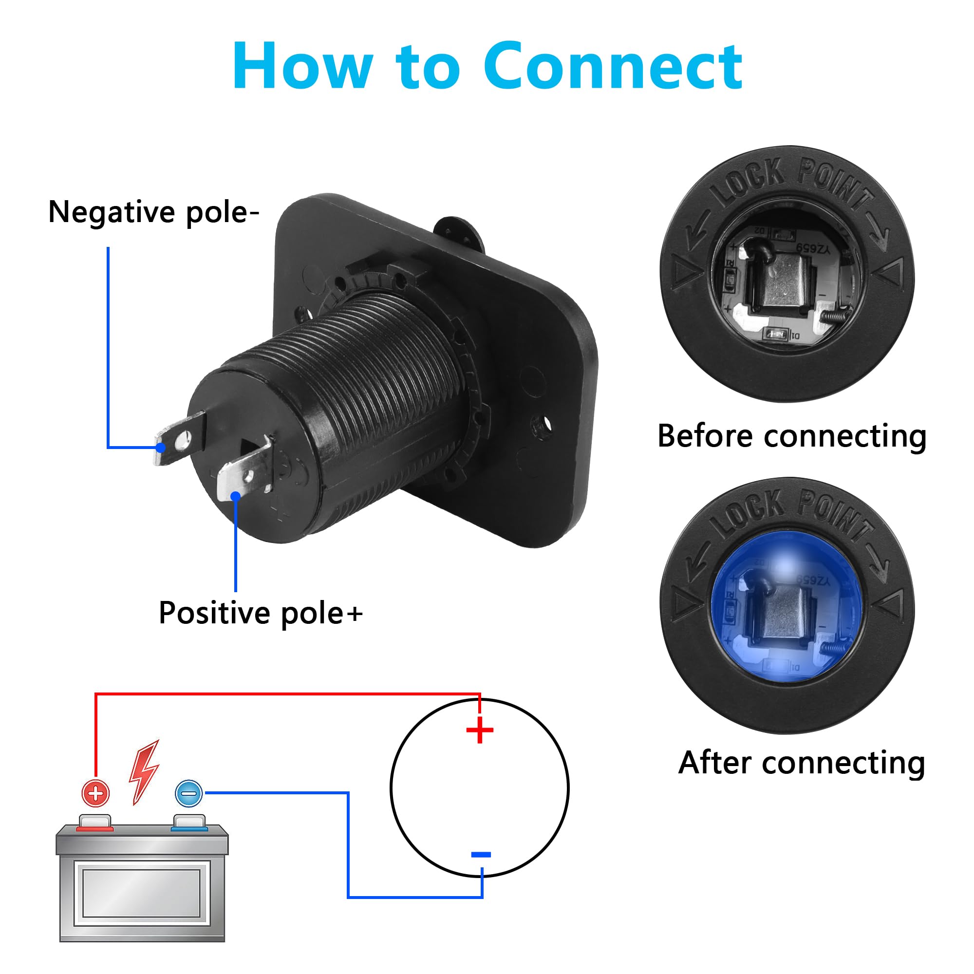 Akozon Presa Accendisigari 12V Impermeabile Con Coperchio E LED Blu, Montaggio A Incasso Per Auto, Moto, Barca - 2