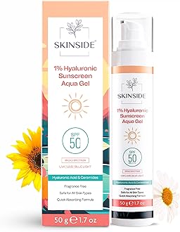 SkinSide 1% Hyaluronic Sunscreen Aqua Gel Ultra Light SPF 50 PA++++ | UVA UVB & Blue Light Protection | Zero White Cast | For All Skin Types | For Men & Women (50g)