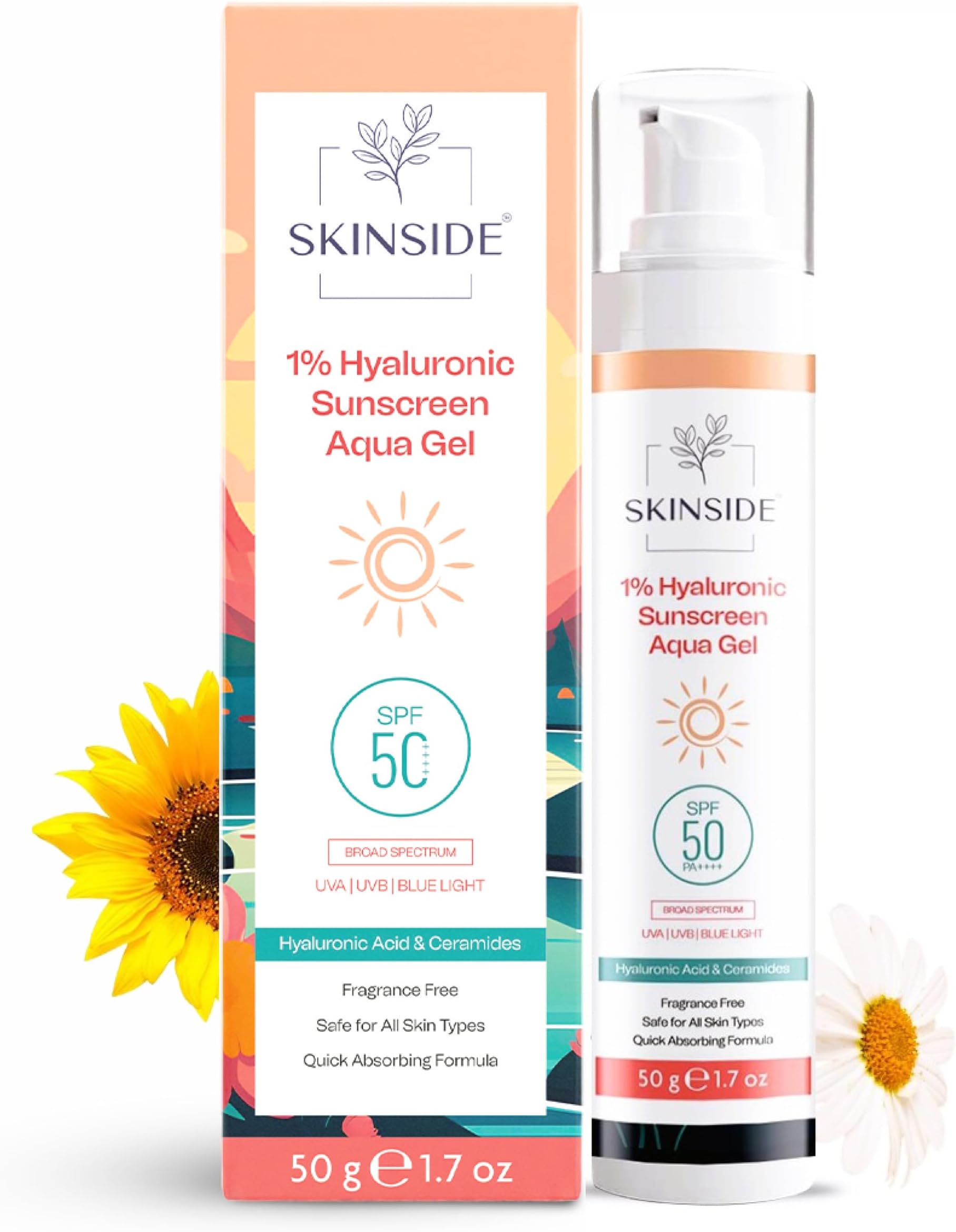 1% Hyaluronic Sunscreen Aqua Gel Ultra Light SPF 50 PA++++ | UVA UVB & Blue Light Protection | Zero White Cast | For All Skin Types | For Men & Women (50g)
