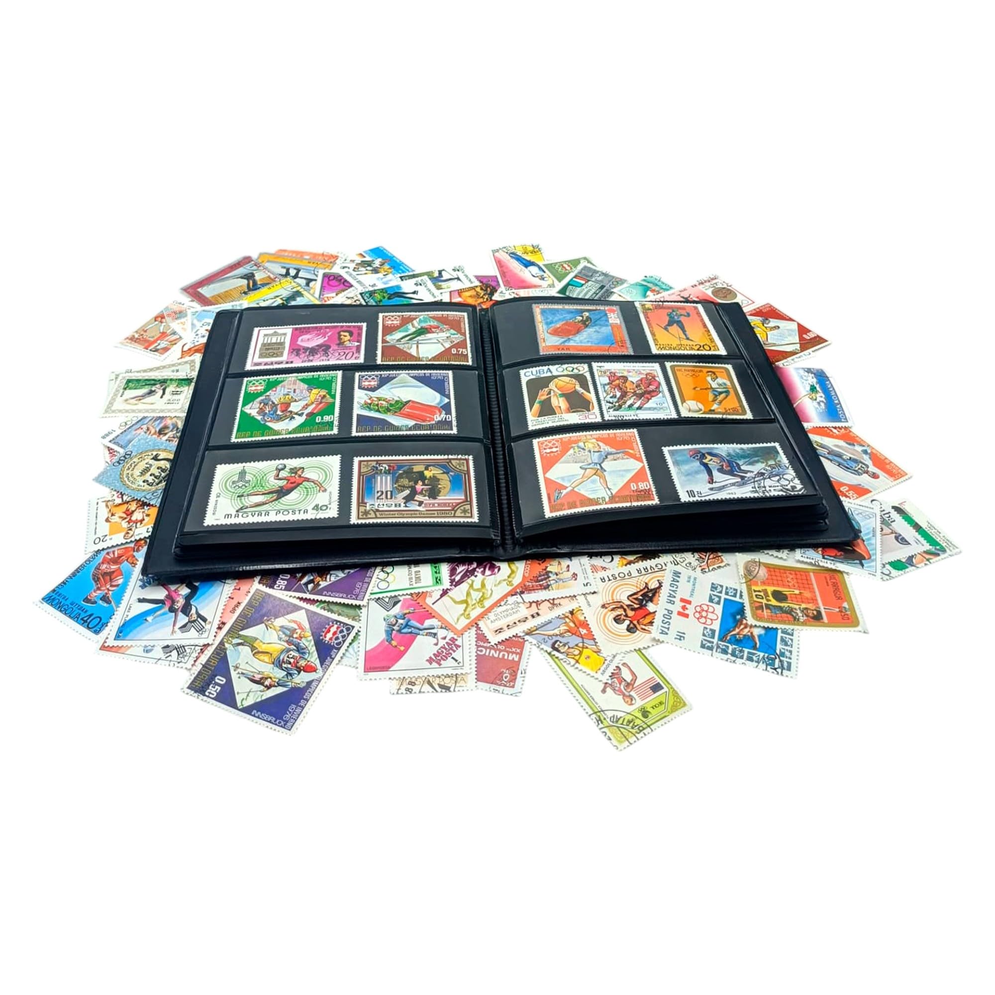 IMPACTO COLECCIONABLES – Colección de 100 sellos con temática de los Juegos Olímpicos con álbum incluido (14 x 18 x 1 cm) | Eleve su colección filatélica con sellos auténticos matasellados