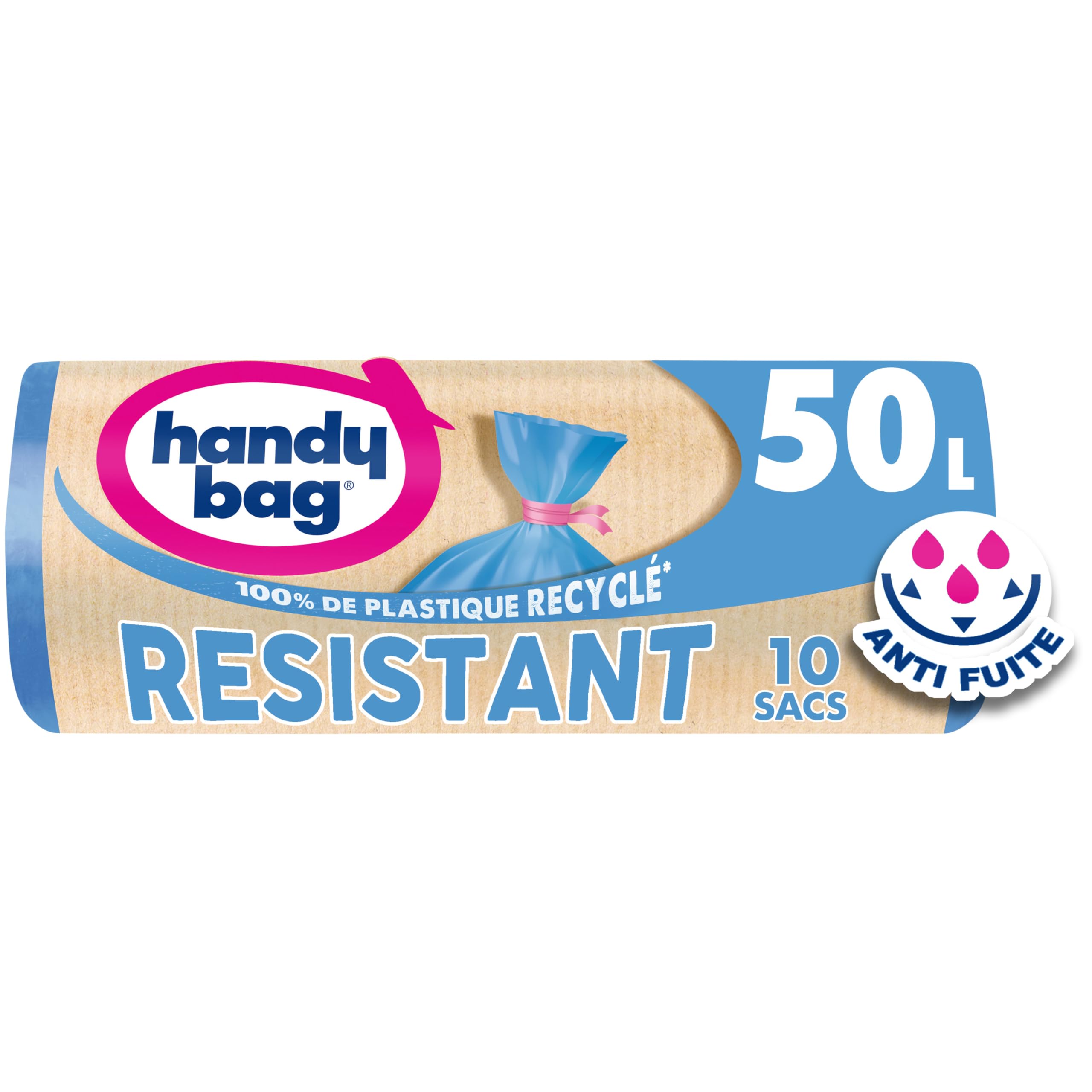 Handy Bag - Heavy duty tie bin liners 50L x 10 bags - Performance: durable plastic film - Maximum sealing - 100% recycled plastic