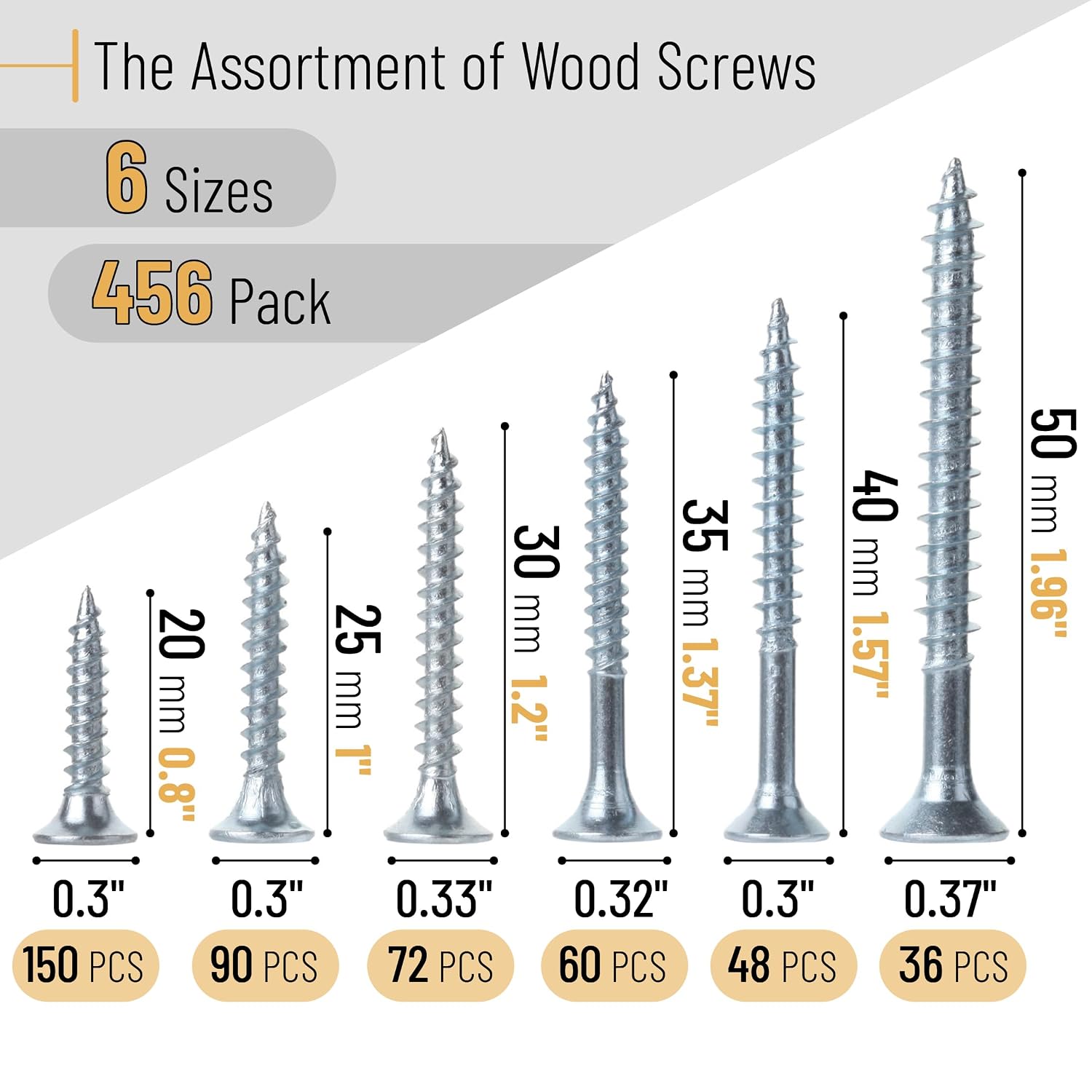 Mr. Pen- Wood Screws Assortment Kit, 456 pcs, Silver, Phillips Flat Head, 6 Sizes (2”, 1-1/2”, 1-1/4”, 1”, 3/4”, 1/2”), Durable Assorted Wood Screws for Woodworking & Household, Storage Box Included