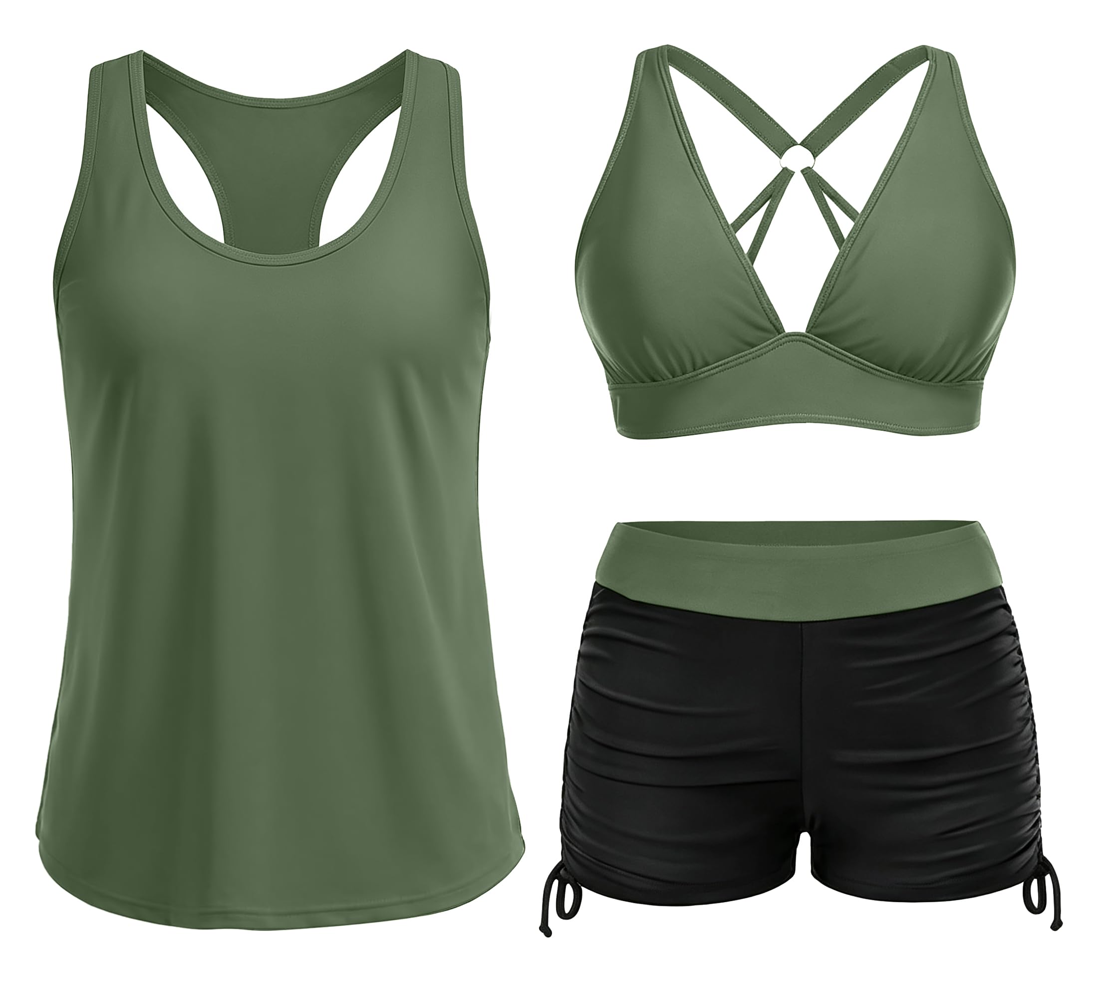 3 Piece Tankini Swimsuits for Women Swim Tank Top Bathing Suits with Boy Shorts and Bra Athletic Swimwear, Black & Army Green, X-Large-image-38