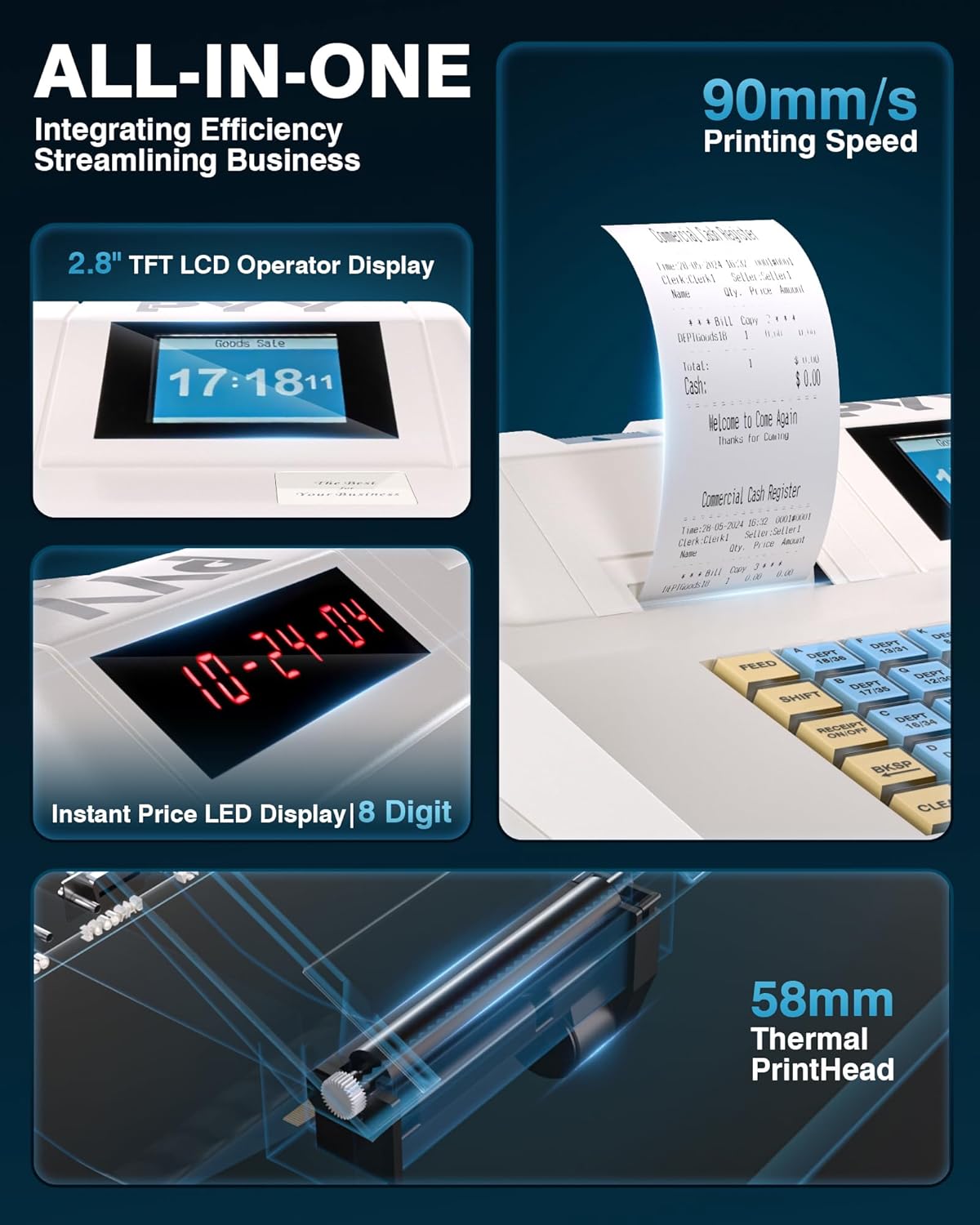Close-up of PYY Cash Register displays and thermal printer