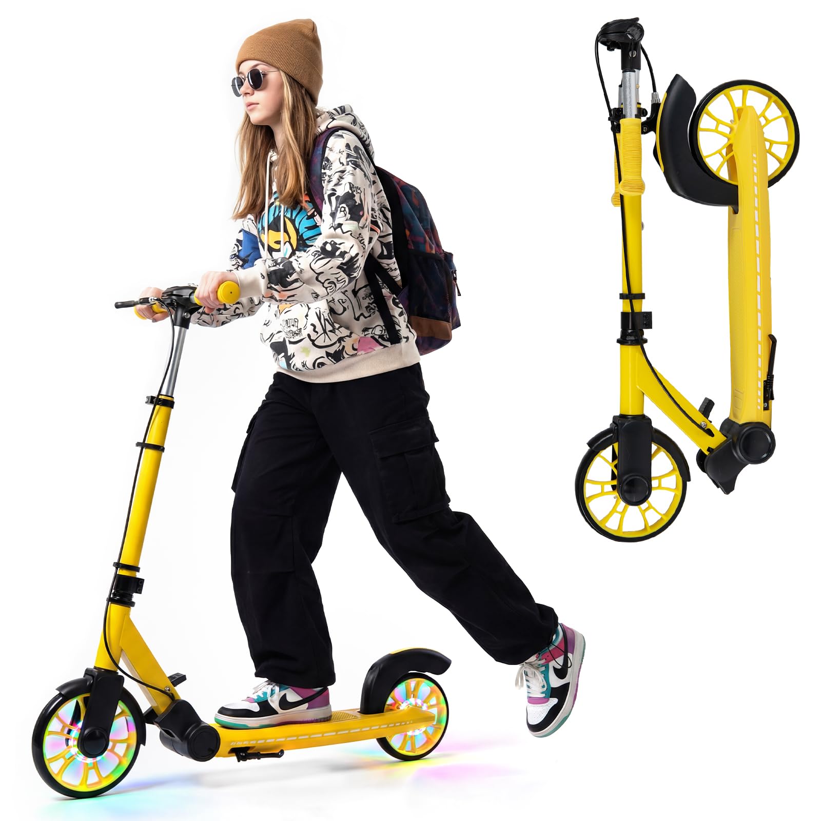 COSTWAY Patinete Plegable con LED Luminosas, Scooter Urbano de Altura Ajustable de 3 Nivles, Patinete Aluminio Ligero de 2 Ruedas para Adolescentes y Adultos, Niños 6+ Años, Carga 100kg — view 10