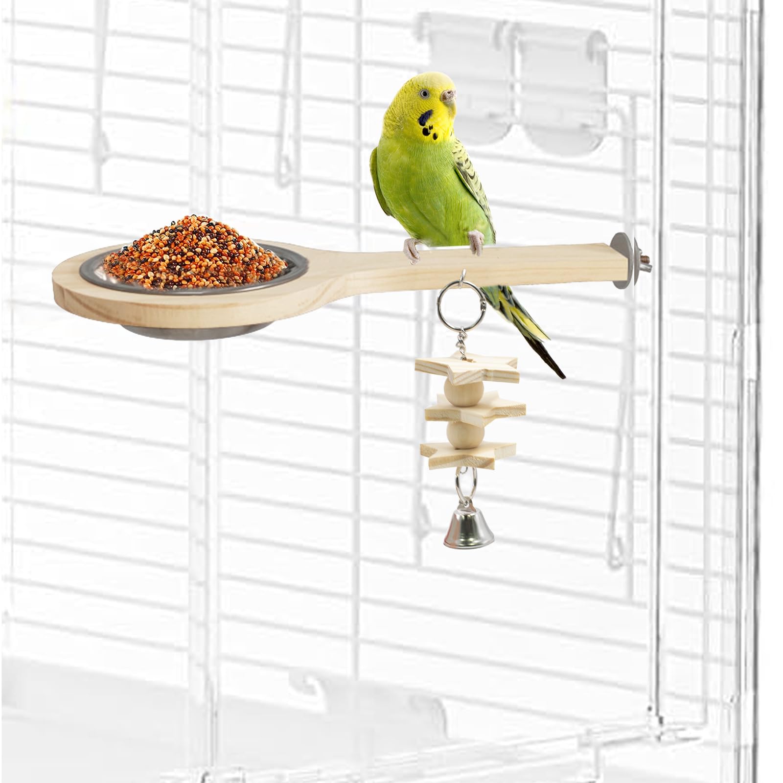 Bird Perch with Feeding Cup, Parrot Wood Stand with Chewing Toy, Bird Cage Accessory for Parakeet Lovebird Cockatiel Conure Budgie - image 5
