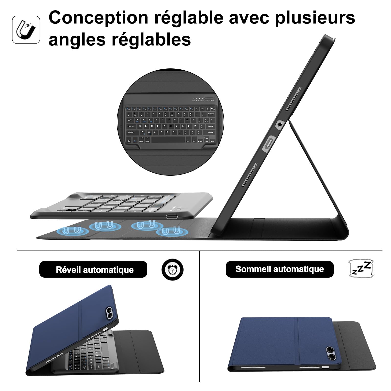 Etui na klawiaturę do iPada Air 13 2026/2025/2024 M4/M3/M2 z panelem dotykowym, francuska wymienna klawiatura bezprzewodowa Bluetooth do Apple 13-calowy iPad Air (niebieska obudowa + podświetlenie
