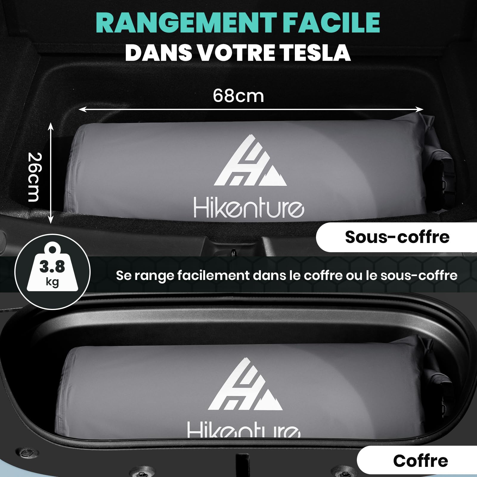 HIKENTURE Matelas Gonflable pour Voiture – Compatible Tesla Model Y et Model 3 – Épaisseur 8 cm – Matelas Autogonflant 2 Personnes avec Mousse à Mémoire de Forme – pour Camping et Road Trip