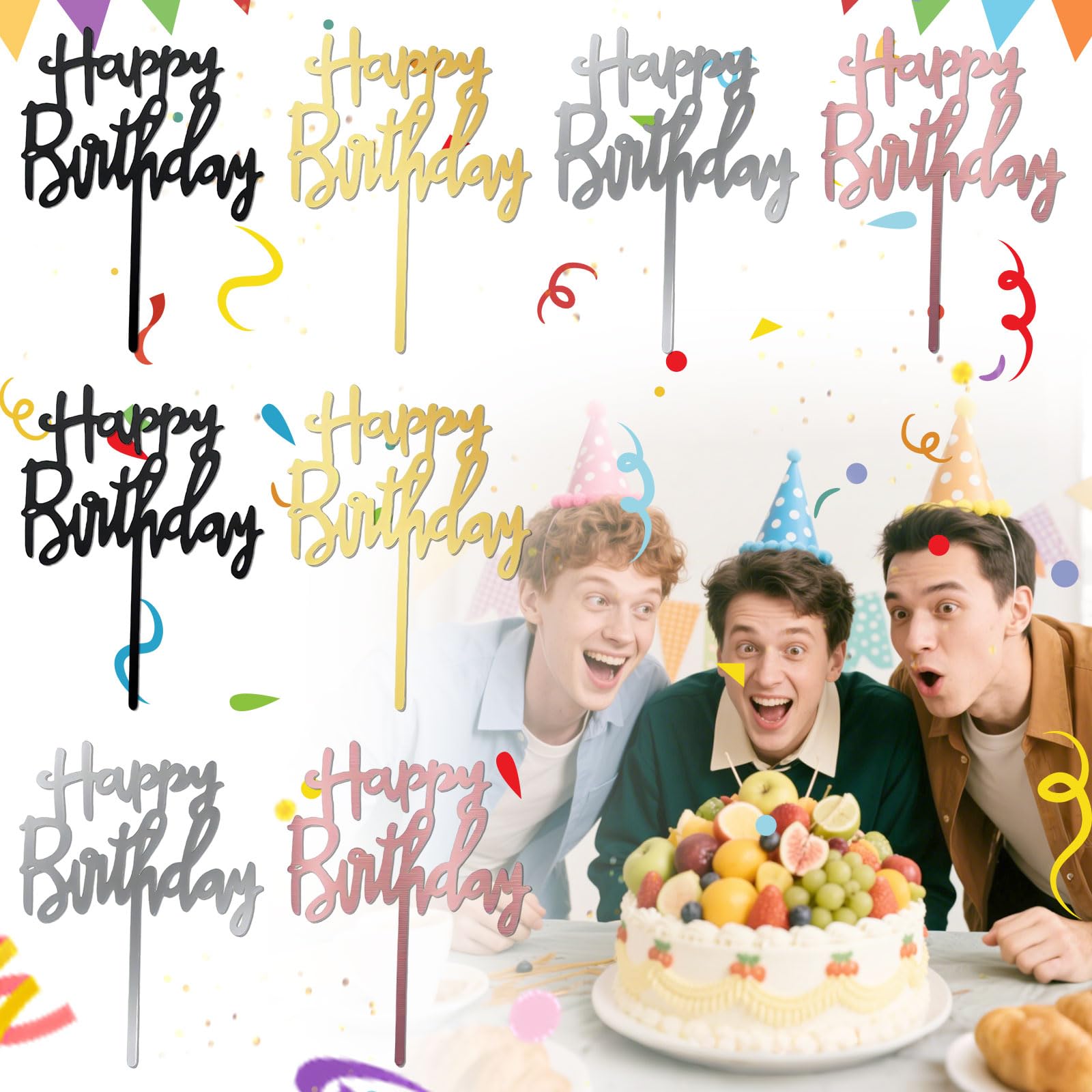 Lushly Happy Birthday Cake Topper – 8 Stück, Acryl, In 4 Farben, 12,5x14 Cm