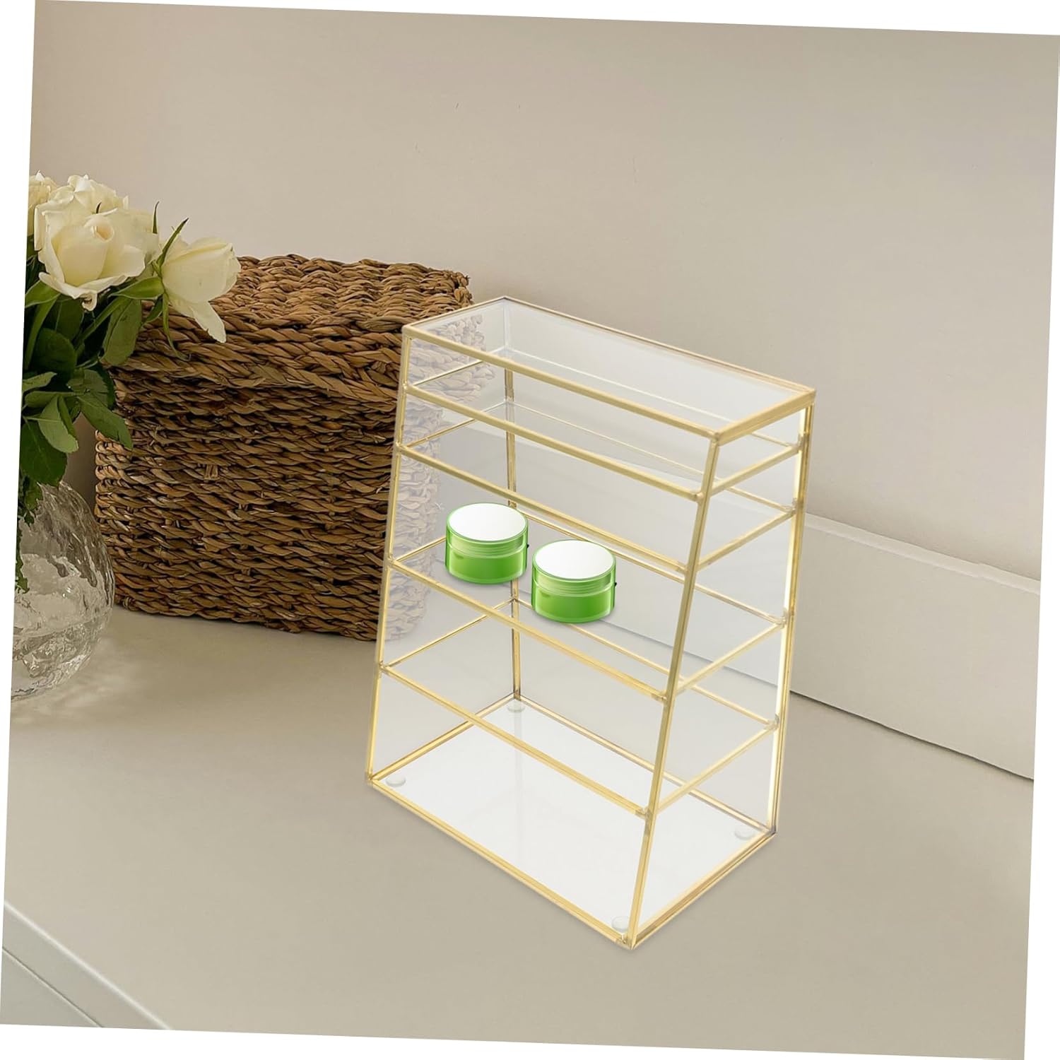 Brass Glass Makeup Organizer Box Lid Multilayer Desktop Storage Rack for Lipsticks and Pressed Powder Stylish Cosmetic Display Case for Home and Bathroom