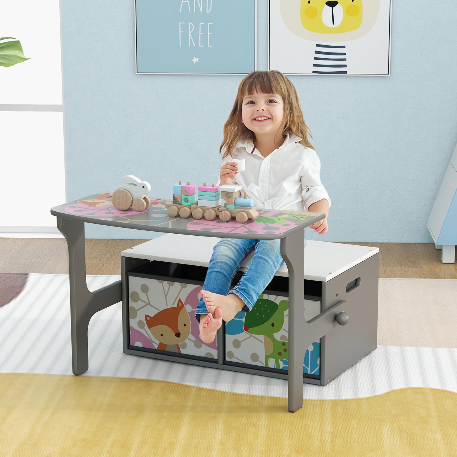 COSTWAY 3-IN-1 Kindertisch mit Sitzbank, Kindersitzgruppe mit 2 abnehmbaren Körben, Kindersitzbank mit stauraum, Spielzeugtruhe mit Rückenlehne, Sitztruhe Truhenbank für Kinderzimmer (Grau)