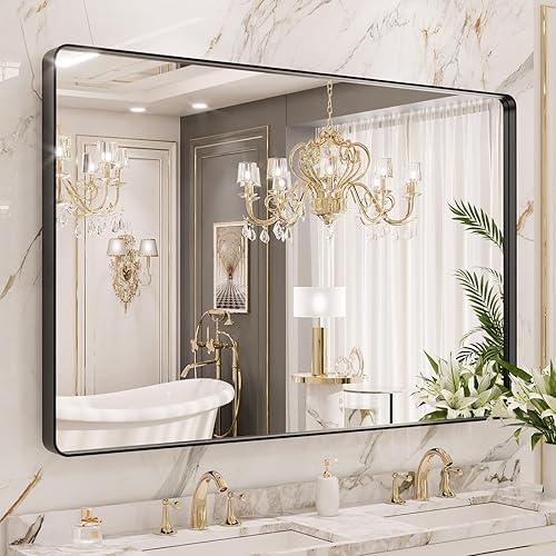 LOAAO 55X36 Inch Black Metal Framed Bathroom Mirror for Wall, Matte Black Bathroom Vanity Mirror Farmhouse, Large Rounded Rectangle Mirror, Anti-Rust, Tempered Glass, Hangs Horizontally or Vertically