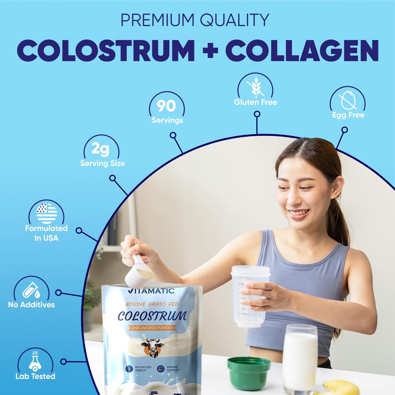 Vitamatic Bovine Colostrum 30% IgG Powder 180 gram (6.34 OZ) - Supplement for Gut Health, Hair Growth, Beauty, Muscle Recovery, & Immune Support - Easy to Mix - (Unflavored)
