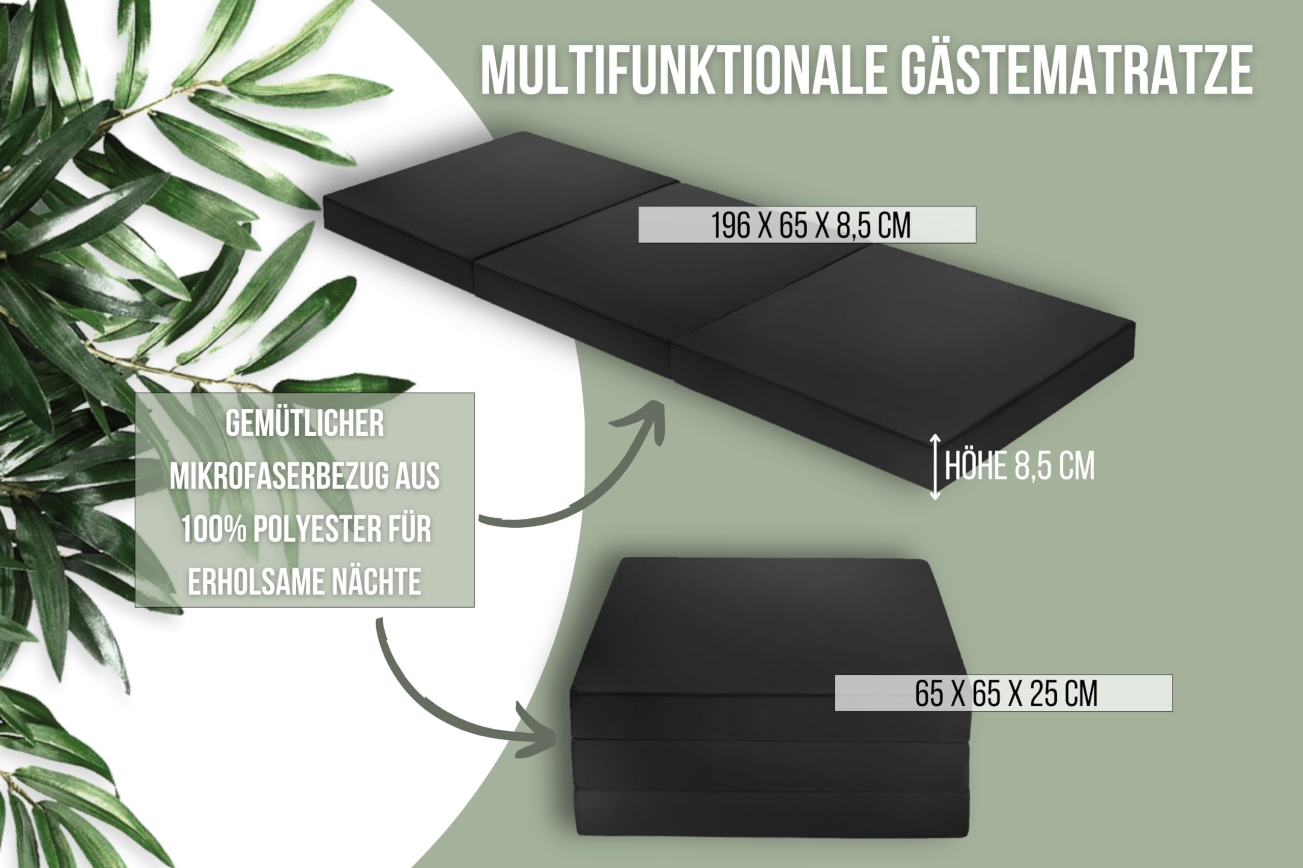 Badenia Trendline Faltbare Gästematratze 196 x 65 x 8,5 cm – Klappmatratze mit strapazierfähigem Mikrofaser-Bezug, ÖKO-TEX Zertifiziert, Schwarz, Deutscher Qualitätsstandard