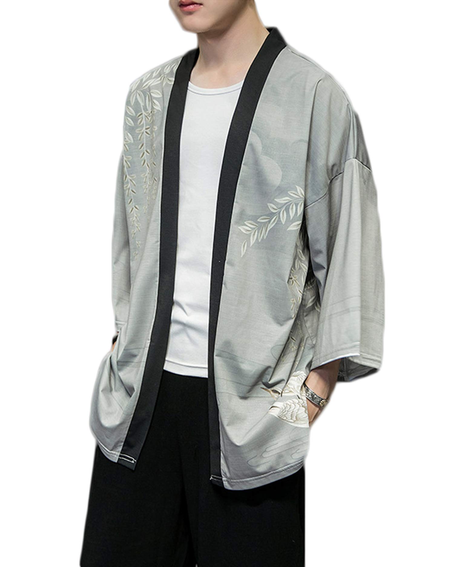 PRIJOUHE Men's Japanese Kimono Cardigan Jackets Casual Long Sleeve Open Front Coat Lightweight Yukata Outwear