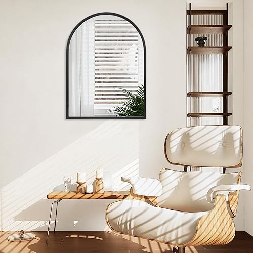 Miniatura 4 de Espejo de pared de arco de 28 x 20 pulgadas, espejo grande de baño negro con marco de metal para pared, decoración de tocador, dormitorio, entrada,