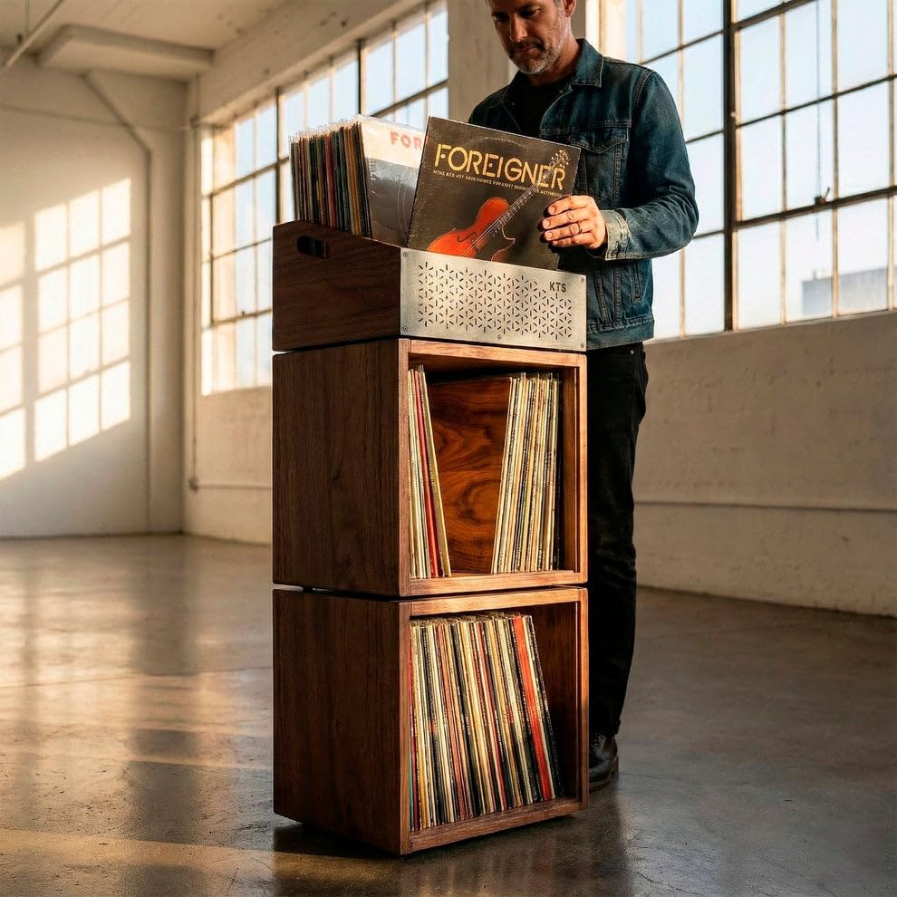 Set modulare per dischi in vinile | 2 scatole + 1 battuta +150 LP | Mobile in legno massello e acciaio al carbonio | Organizzatore ed espositore in vinile