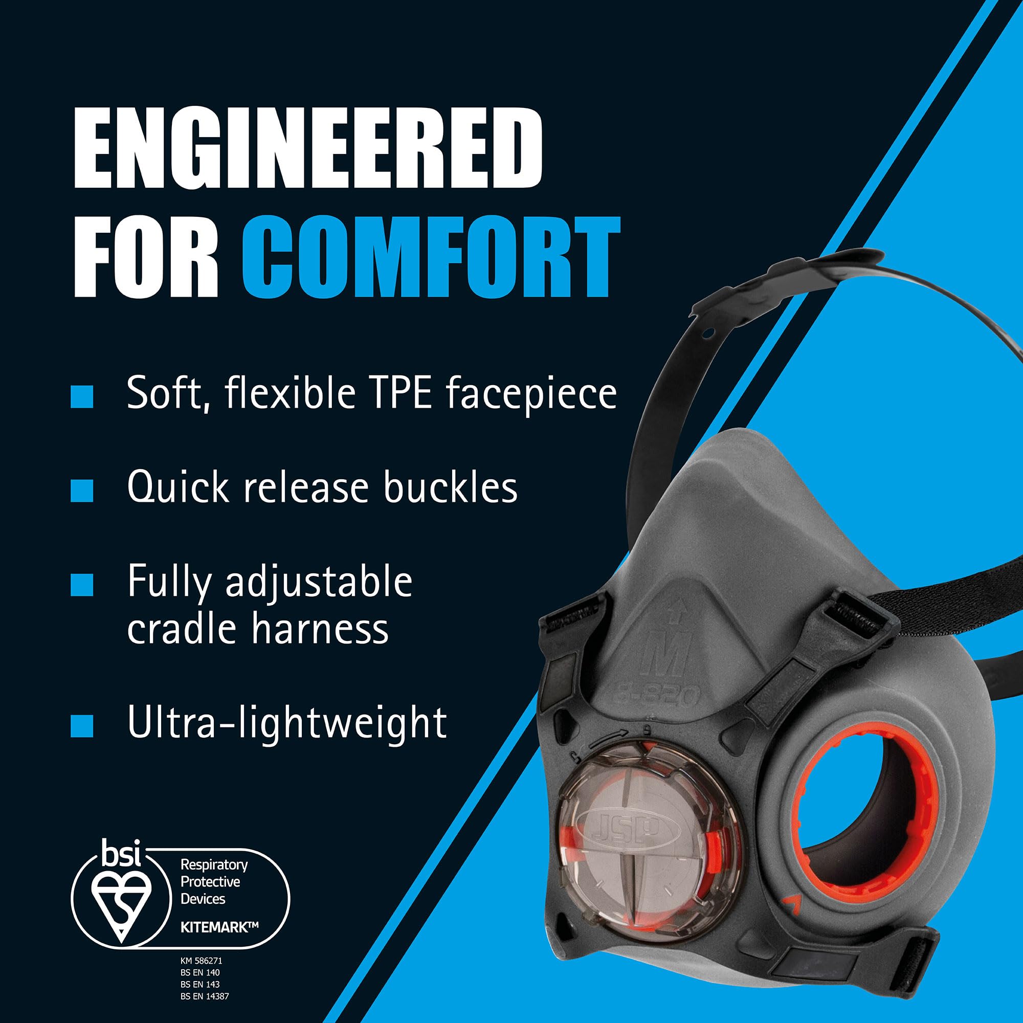 JSP Force 8 Semimaschera Respiratoria Riutilizzabile Filtri PressToCheck P3 | Protezione da polvere fine, silice, legno, muffe e aerosol. Bricolage e industria. Fatta UK. EN 140 & EN 143.