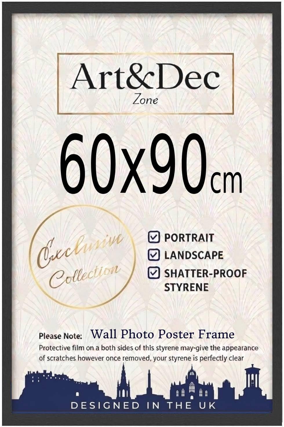 Art & Dec Zone® Sleek Black MDF Picture Frame 60x90 cm Large Durable MDF Poster Frame with Clear Acrylic Protection – Wall Display for Photos, Artwork & Prints