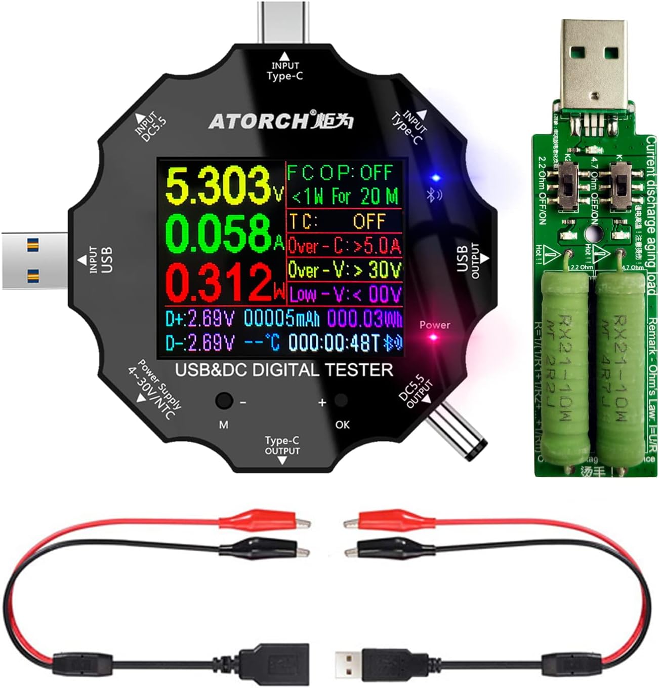 USB C Tester, 3 in 1 Type C DC5.5 USB meter USB load Color Screen IPS Digital Multimeter,Voltage,Current,Power,Resistance,Capacity Detector,with clip cable Support PD2.0/PD3.0,QC2.0/QC3.0